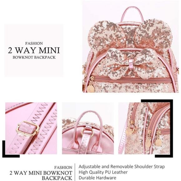 Girls Bowknot Cute Sparkly Mini Backpack Small Daypacks Convertible Shoulder Bag - Picture 5 of 6